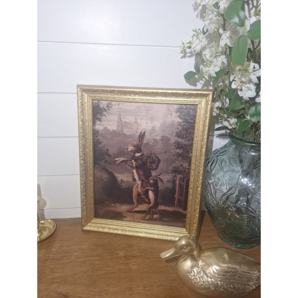 Vintage ornate gold frame with new canvas art rabbits